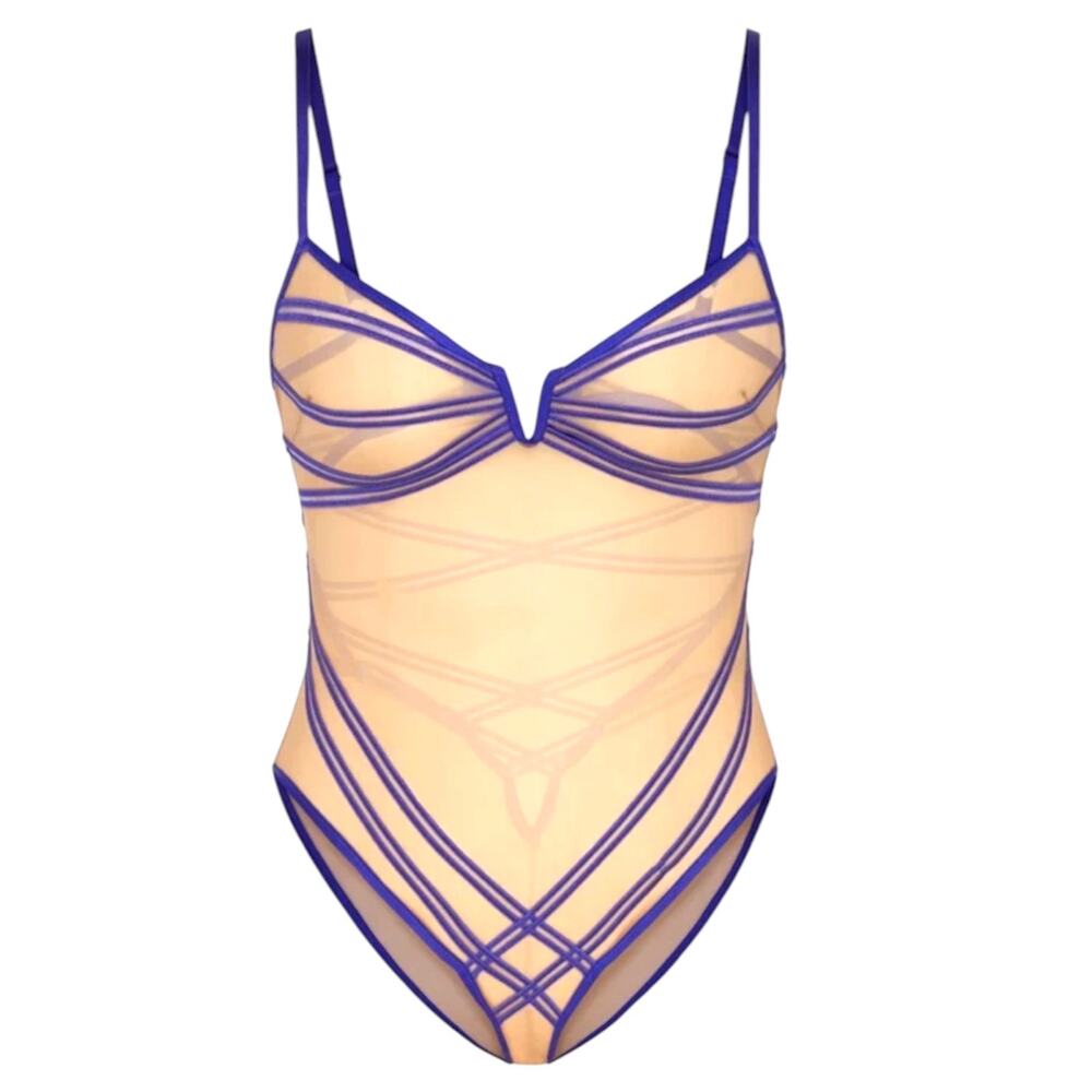 Savage X Fenty Strappy Hour Striped Teddy Gemstone Blue Sweet Latte Nude size XS